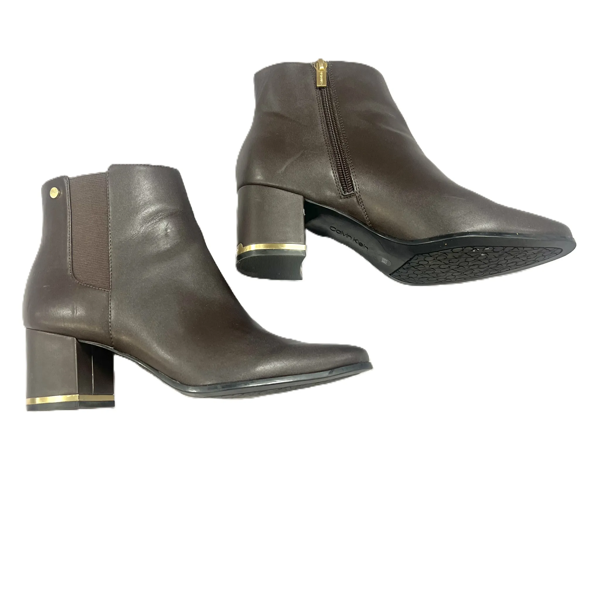 Boots Ankle Heels By Calvin Klein In Brown, Size: 8
