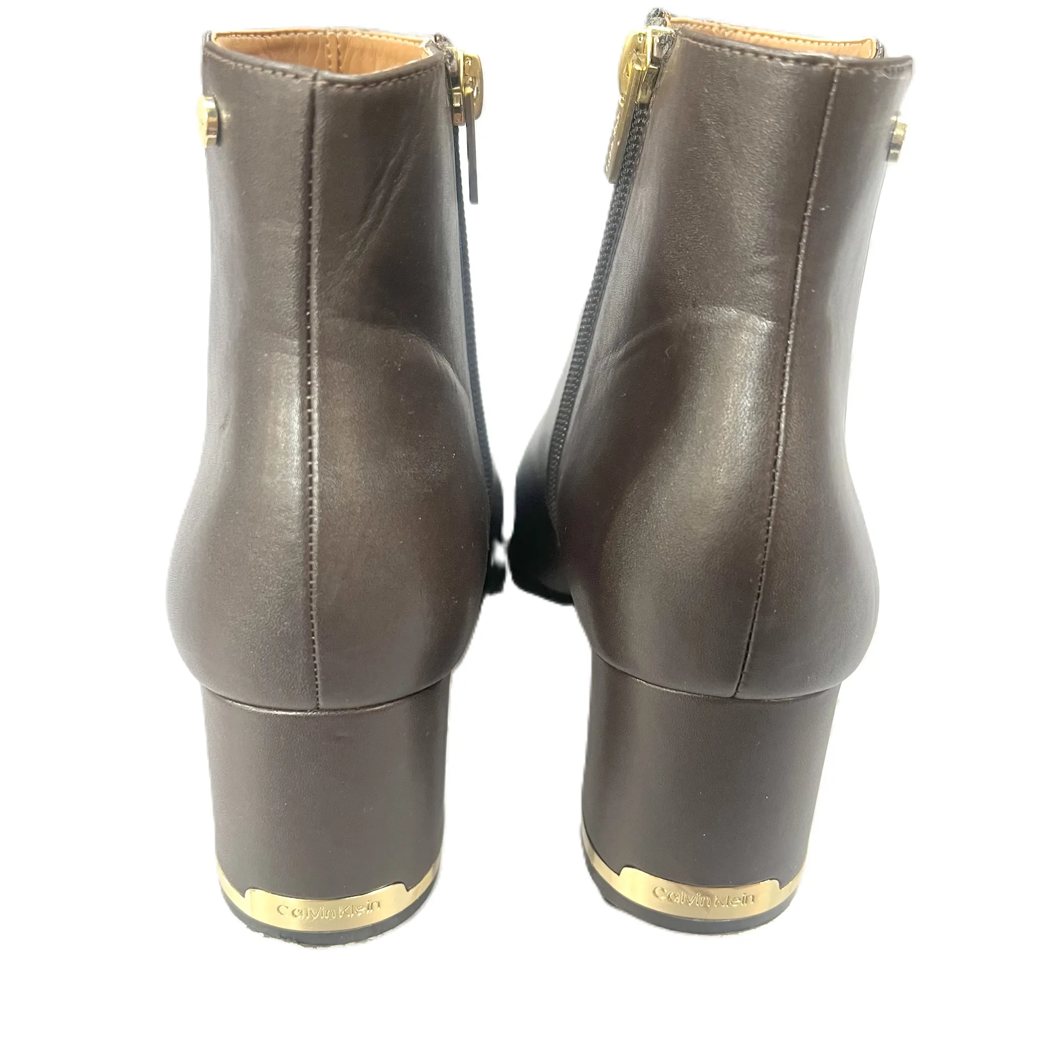 Boots Ankle Heels By Calvin Klein In Brown, Size: 8
