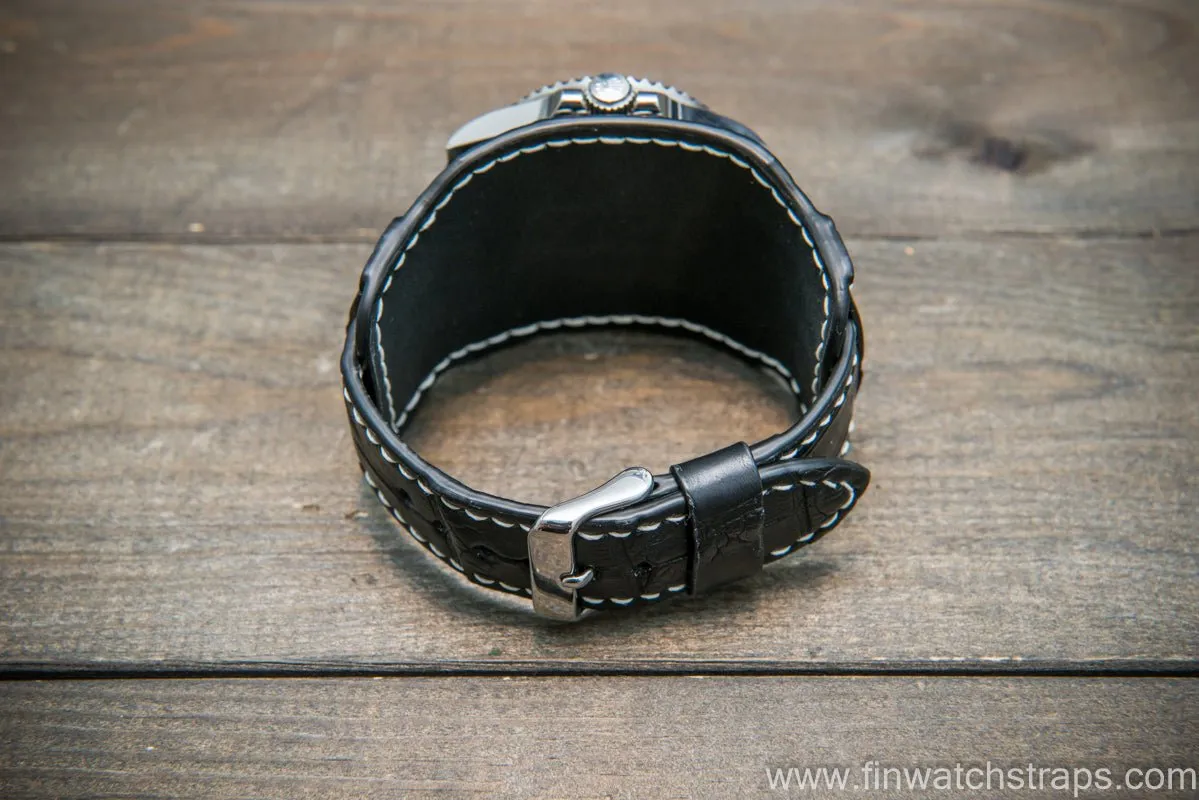 Bund-style Leather Watch Strap, Aviator model, Black alligator (Italy)