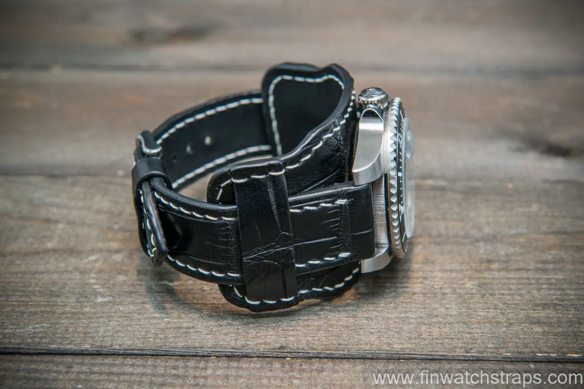 Bund-style Leather Watch Strap, Aviator model, Black alligator (Italy)