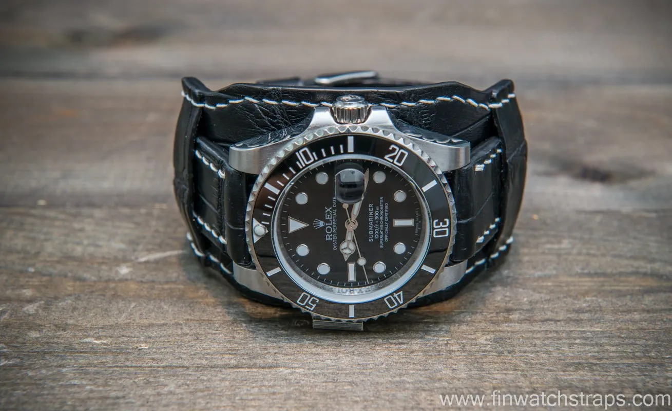 Bund-style Leather Watch Strap, Aviator model, Black alligator (Italy)