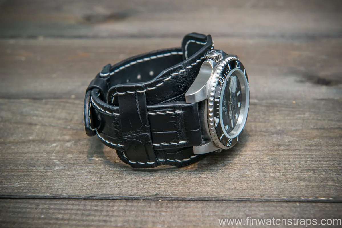 Bund-style Leather Watch Strap, Aviator model, Black alligator (Italy)