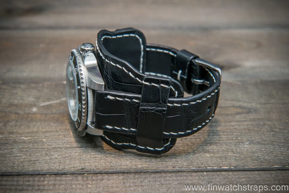 Bund-style Leather Watch Strap, Aviator model, Black alligator (Italy)