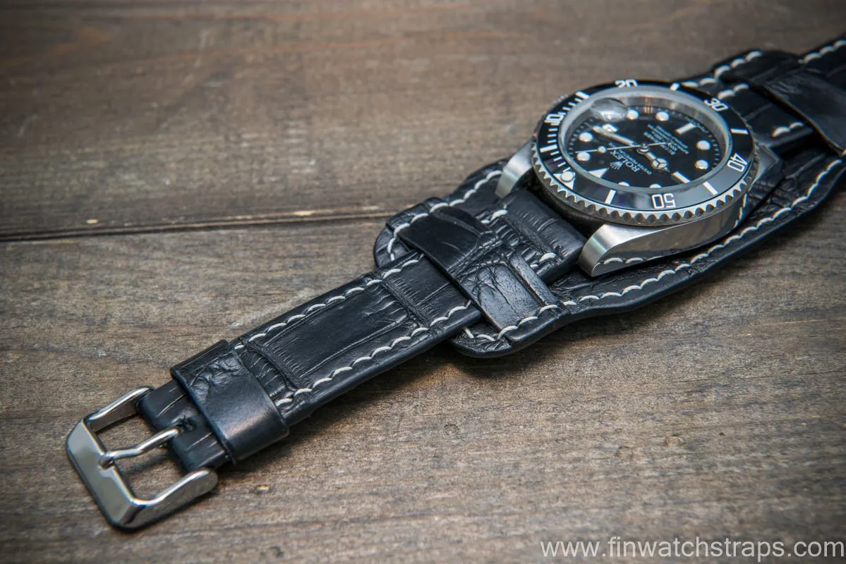 Bund-style Leather Watch Strap, Aviator model, Black alligator (Italy)