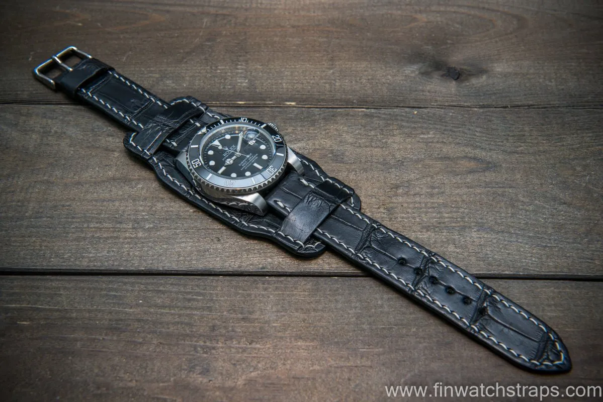 Bund-style Leather Watch Strap, Aviator model, Black alligator (Italy)