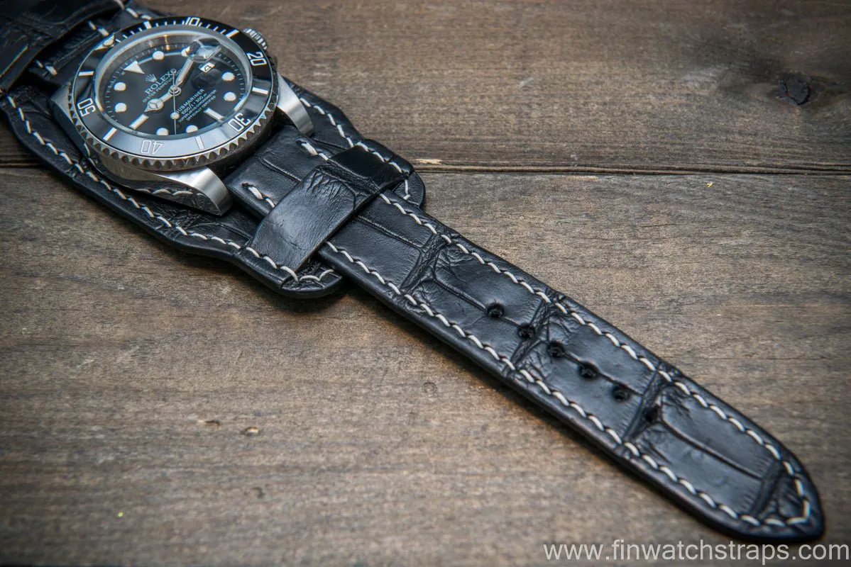 Bund-style Leather Watch Strap, Aviator model, Black alligator (Italy)