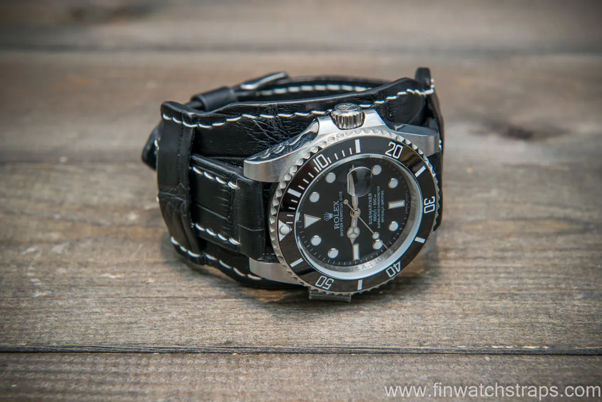 Bund-style Leather Watch Strap, Aviator model, Black alligator (Italy)
