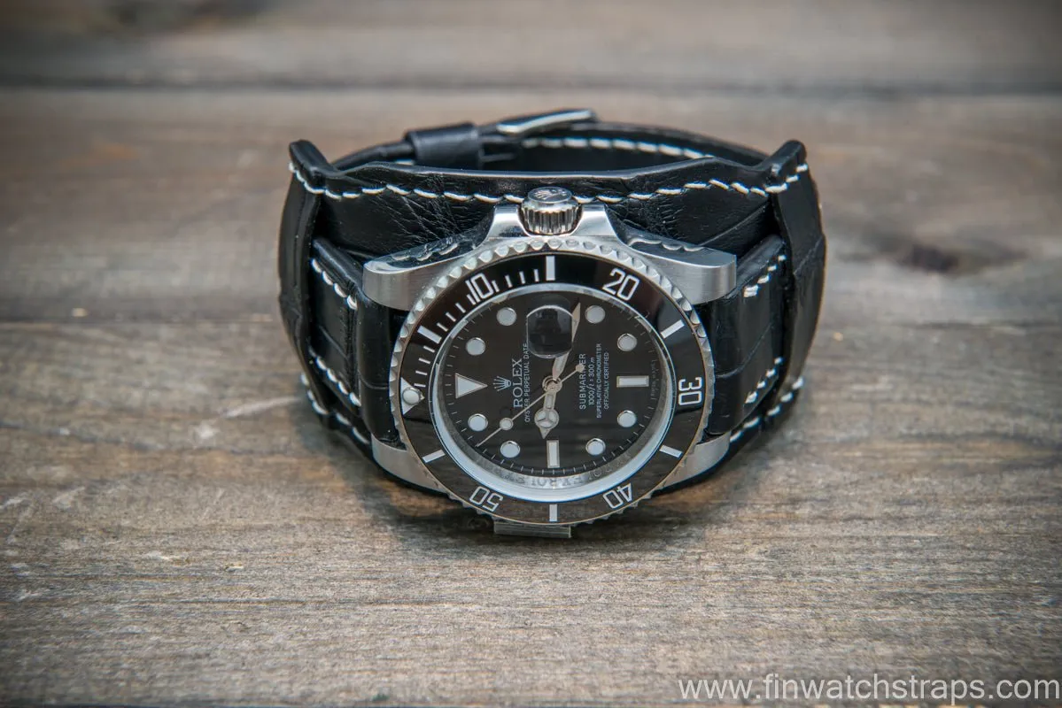 Bund-style Leather Watch Strap, Aviator model, Black alligator (Italy)