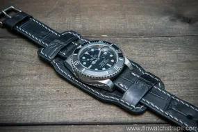 Bund-style Leather Watch Strap, Aviator model, Black alligator (Italy) Bund-style Leather Watch Strap, Aviator model, Black alligator (Italy)