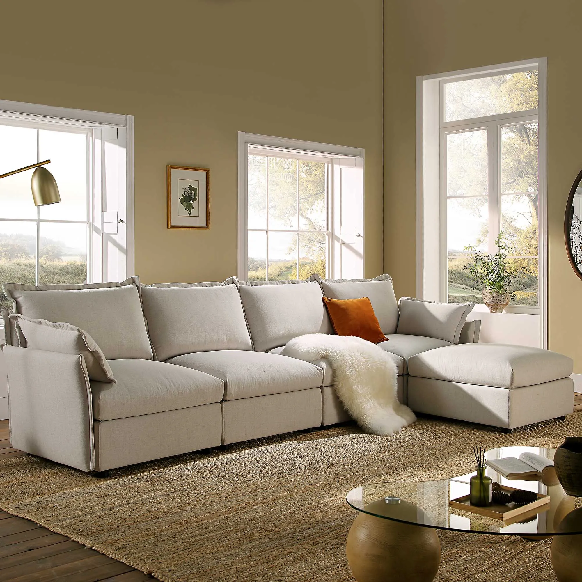 Byron Pillow Edge Beige Fabric Modular Sofa, 4-Seater Chaise