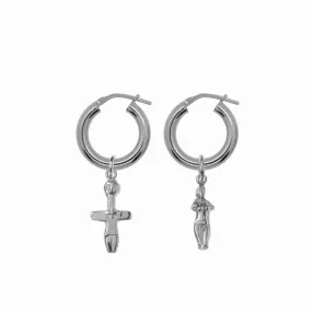Chunky Hoop Earrings with Aphrodite and Fertility Pendant - Silver Chunky Hoop Earrings with Aphrodite and Fertility Pendant - Silver