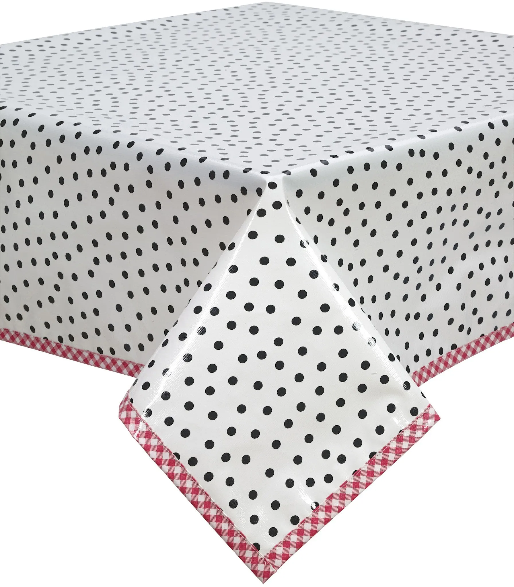 Dot Black Oilcloth Tablecloth with Pink Gingham Trim