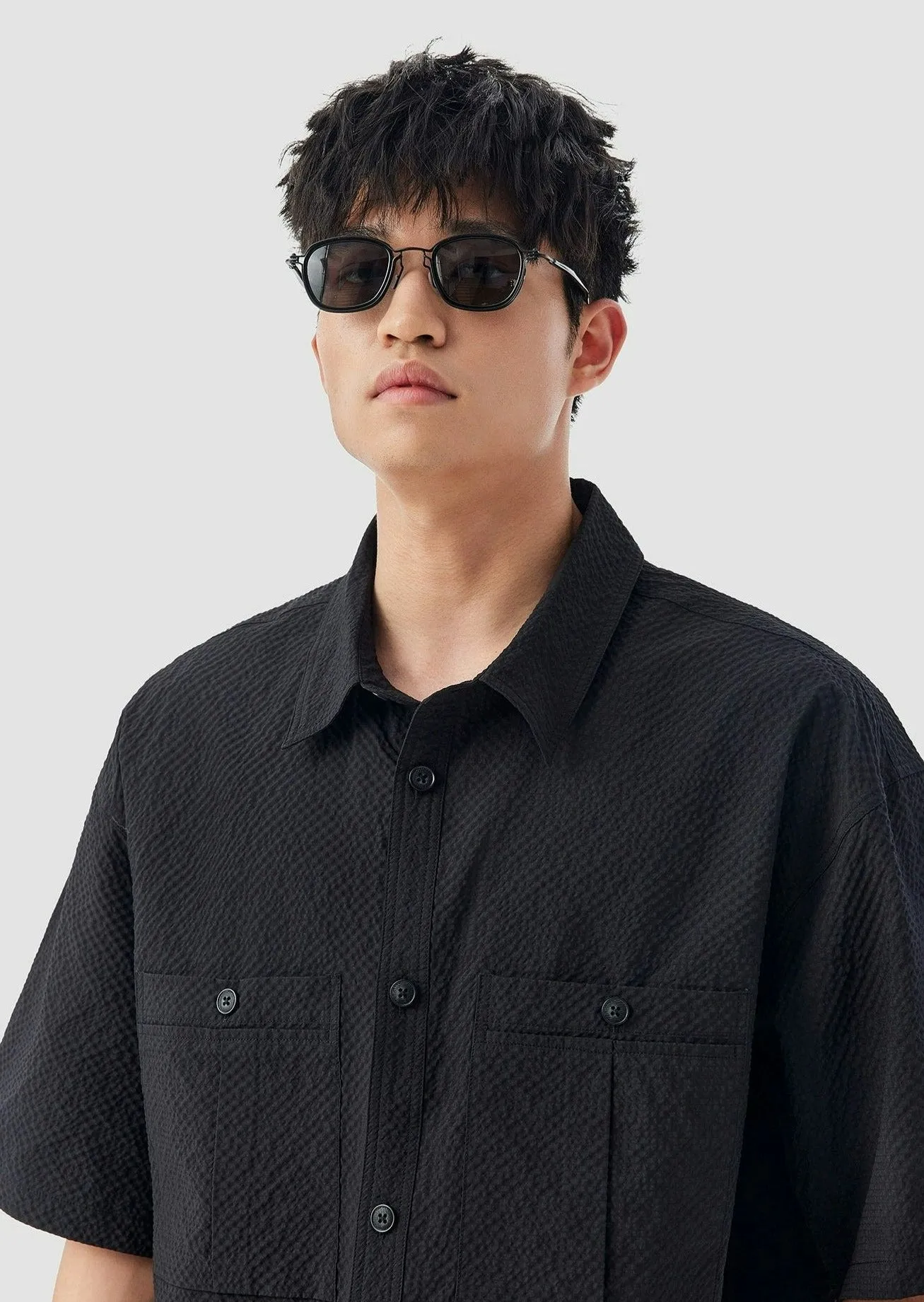 Double Pocketed Textured Short Sleeve Button-Up Shirt