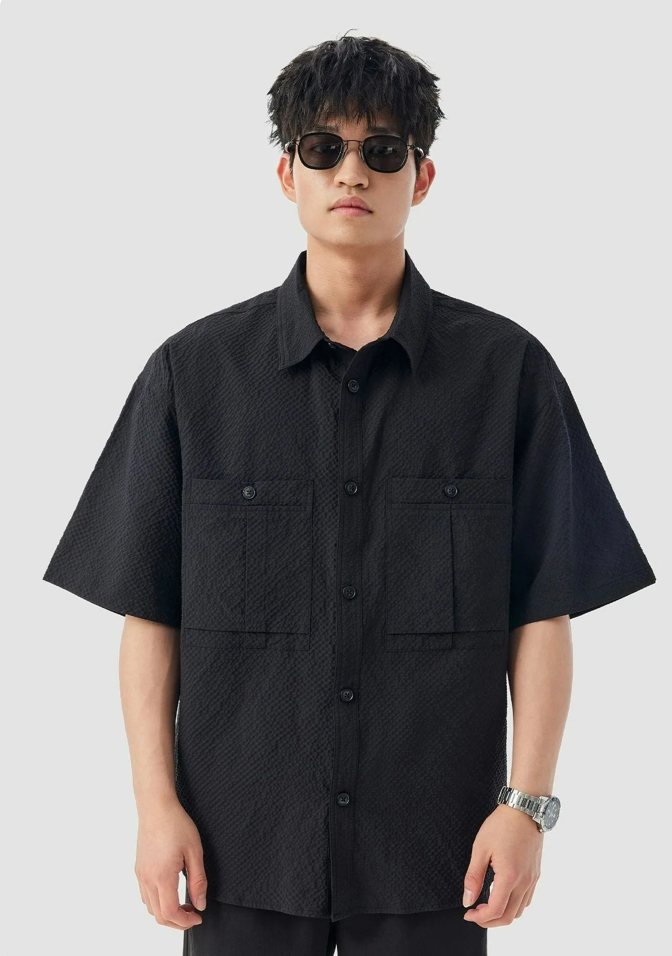 Double Pocketed Textured Short Sleeve Button-Up Shirt