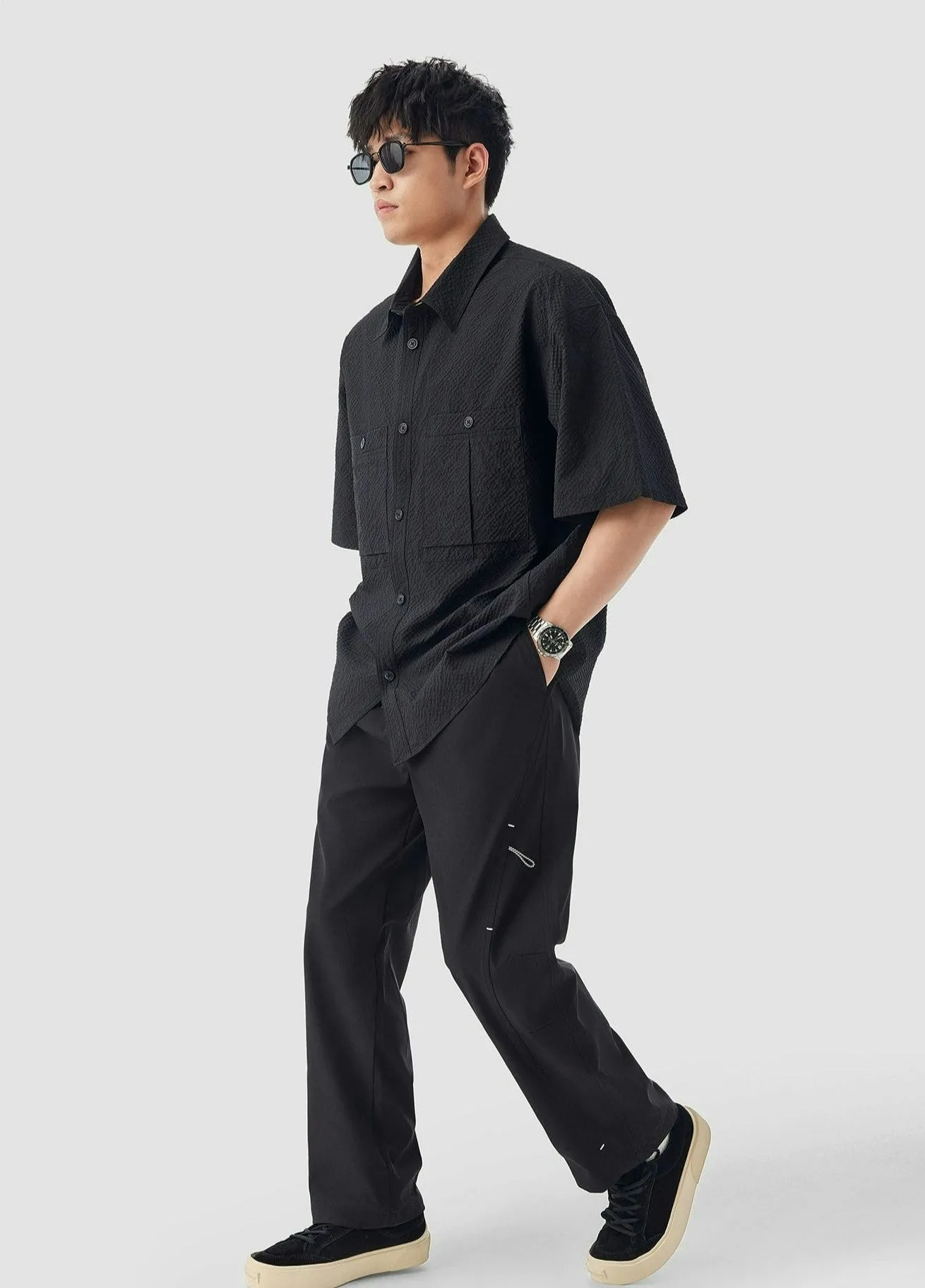 Double Pocketed Textured Short Sleeve Button-Up Shirt