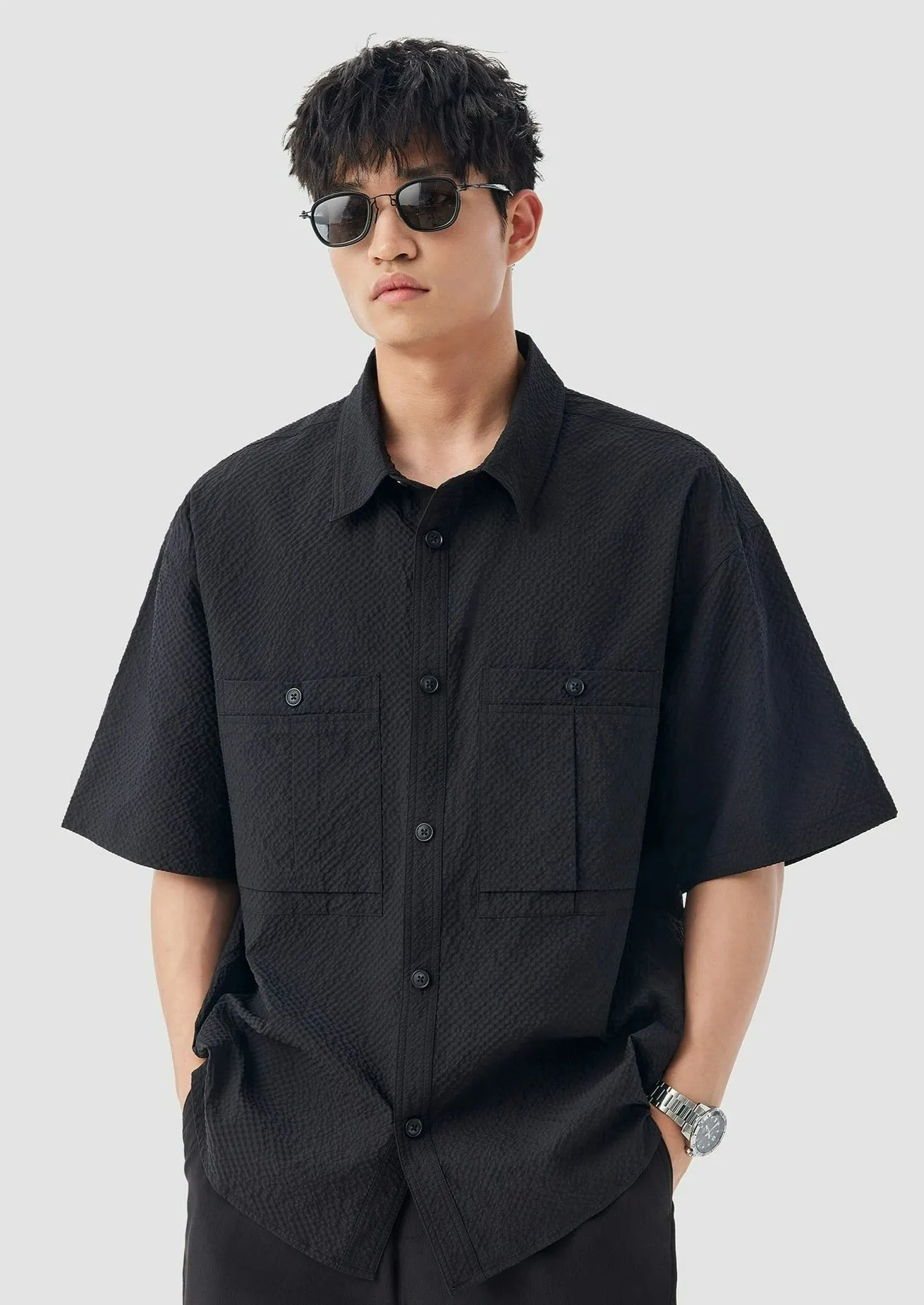 Double Pocketed Textured Short Sleeve Button-Up Shirt