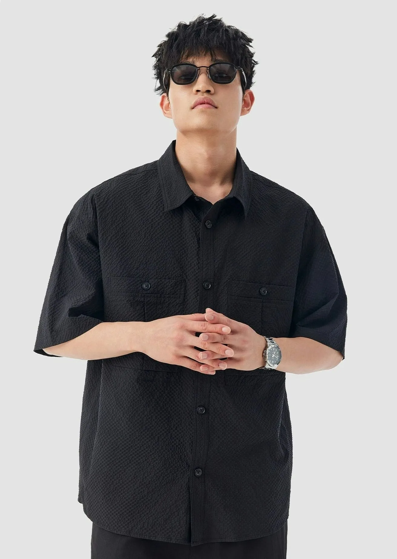 Double Pocketed Textured Short Sleeve Button-Up Shirt