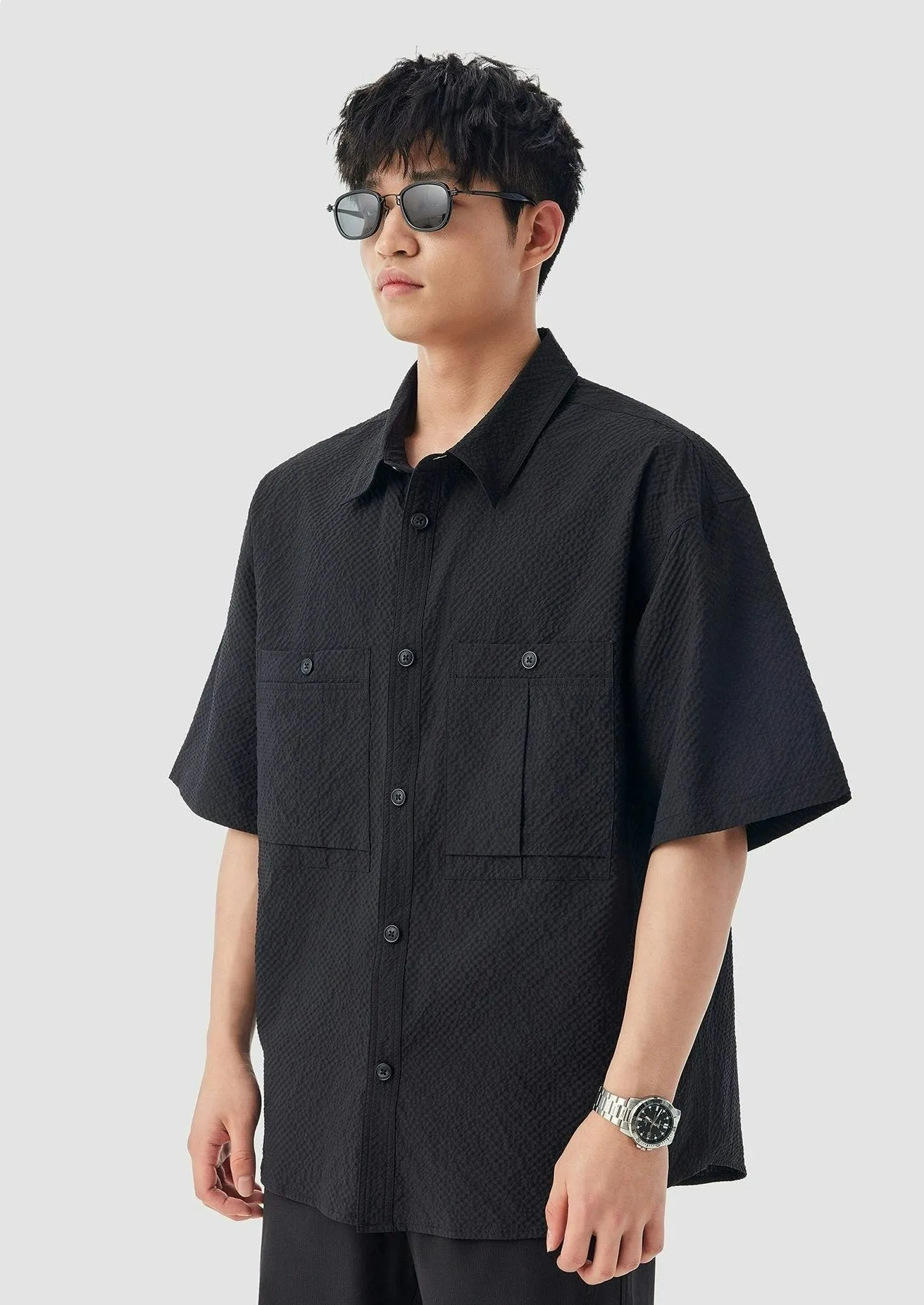 Double Pocketed Textured Short Sleeve Button-Up Shirt