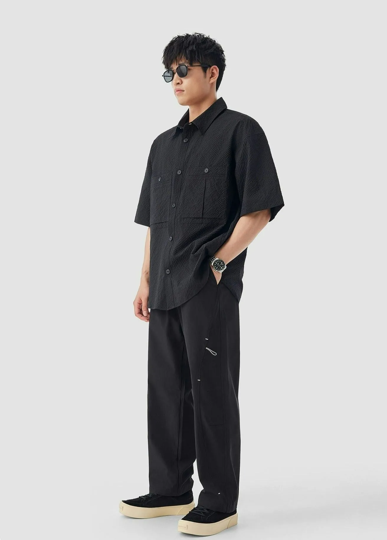 Double Pocketed Textured Short Sleeve Button-Up Shirt
