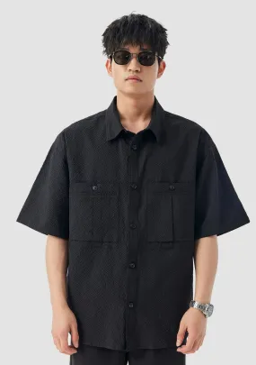 Double Pocketed Textured Short Sleeve Button-Up Shirt Double Pocketed Textured Short Sleeve Button-Up Shirt