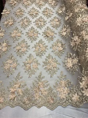 Embroider 3D Flowers Peach Bridal Floral Beaded Mesh Lace Fabric By The Yard Embroider 3D Flowers Peach Bridal Floral Beaded Mesh Lace Fabric By The Yard