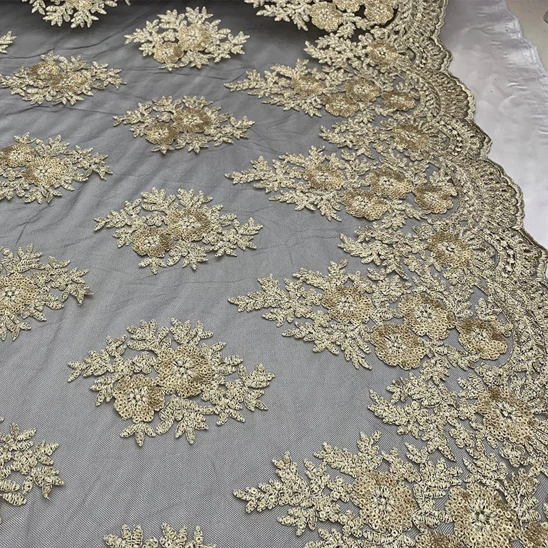 Embroidered Corded Metallic Flowers On Mesh Lace Fabric With Sequins