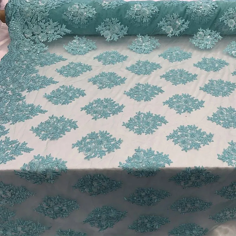Embroidered Corded Metallic Flowers On Mesh Lace Fabric With Sequins