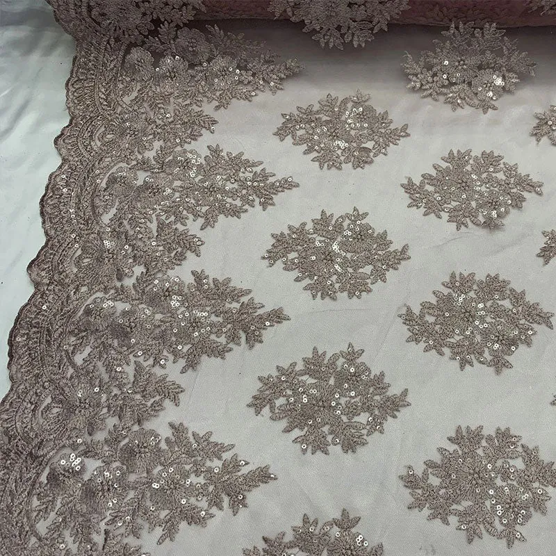 Embroidered Corded Metallic Flowers On Mesh Lace Fabric With Sequins