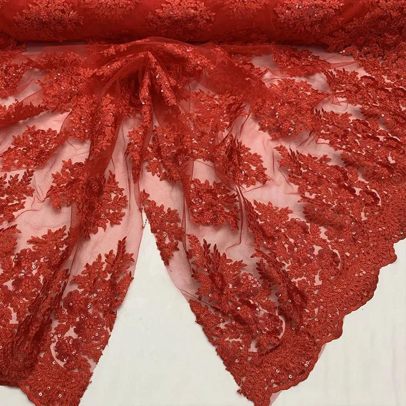 Embroidered Corded Metallic Flowers On Mesh Lace Fabric With Sequins