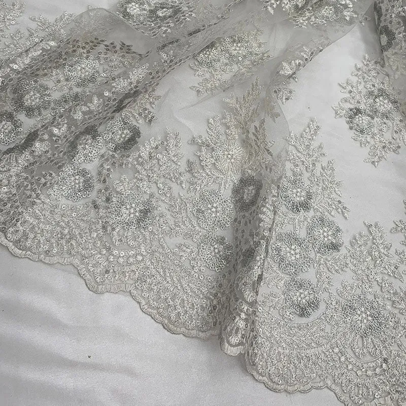 Embroidered Corded Metallic Flowers On Mesh Lace Fabric With Sequins