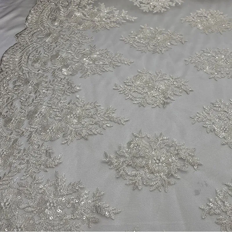 Embroidered Corded Metallic Flowers On Mesh Lace Fabric With Sequins