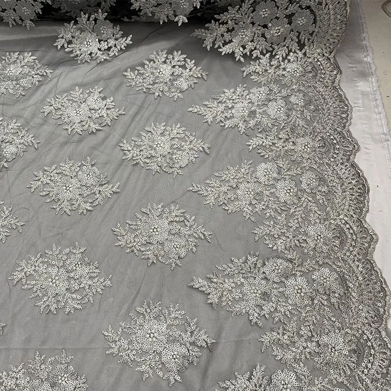 Embroidered Corded Metallic Flowers On Mesh Lace Fabric With Sequins