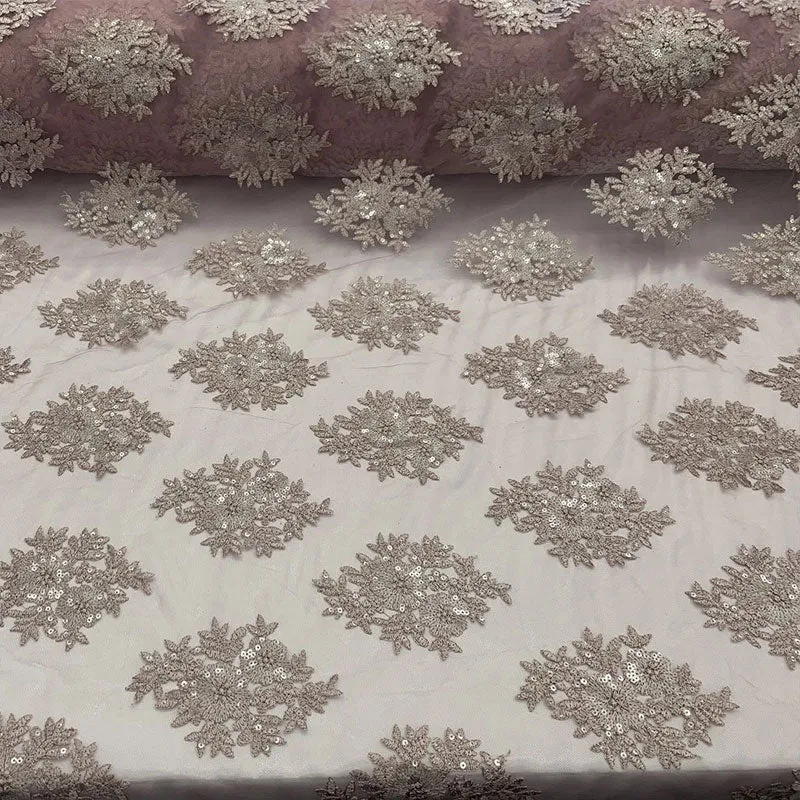Embroidered Corded Metallic Flowers On Mesh Lace Fabric With Sequins