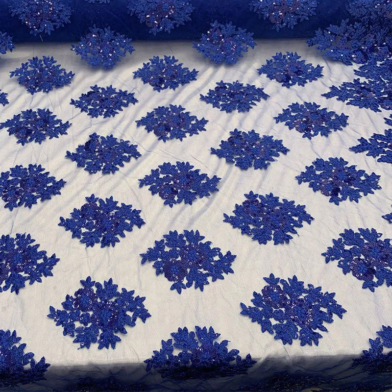 Embroidered Corded Metallic Flowers On Mesh Lace Fabric With Sequins