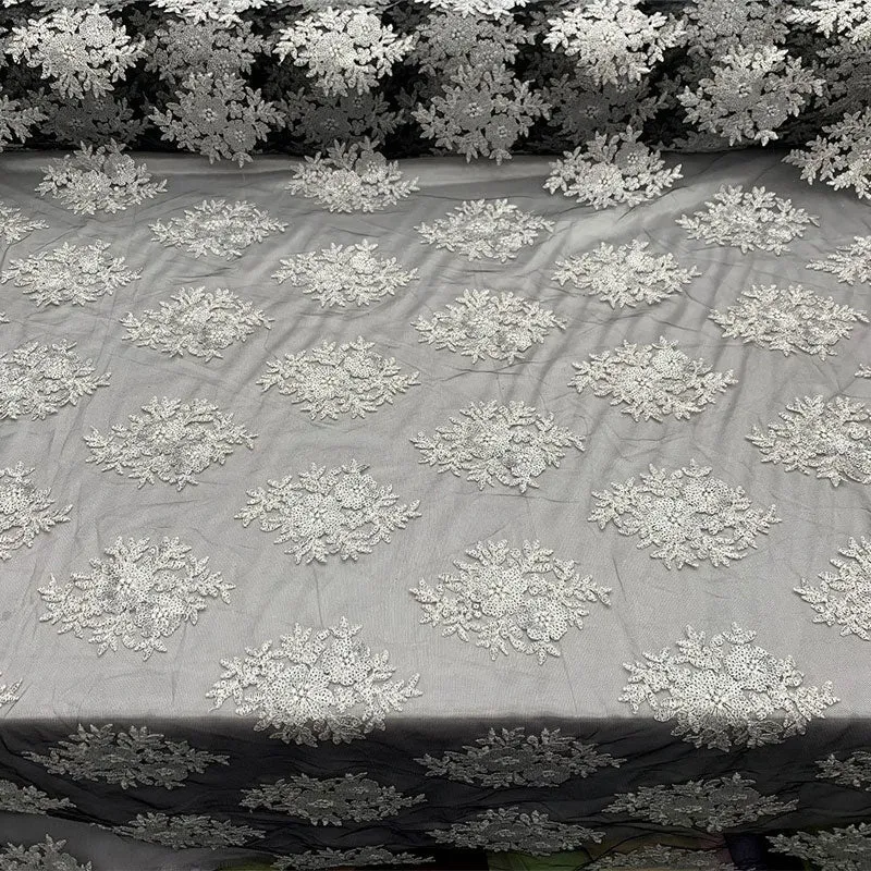 Embroidered Corded Metallic Flowers On Mesh Lace Fabric With Sequins