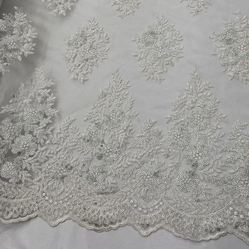 Embroidered Corded Metallic Flowers On Mesh Lace Fabric With Sequins