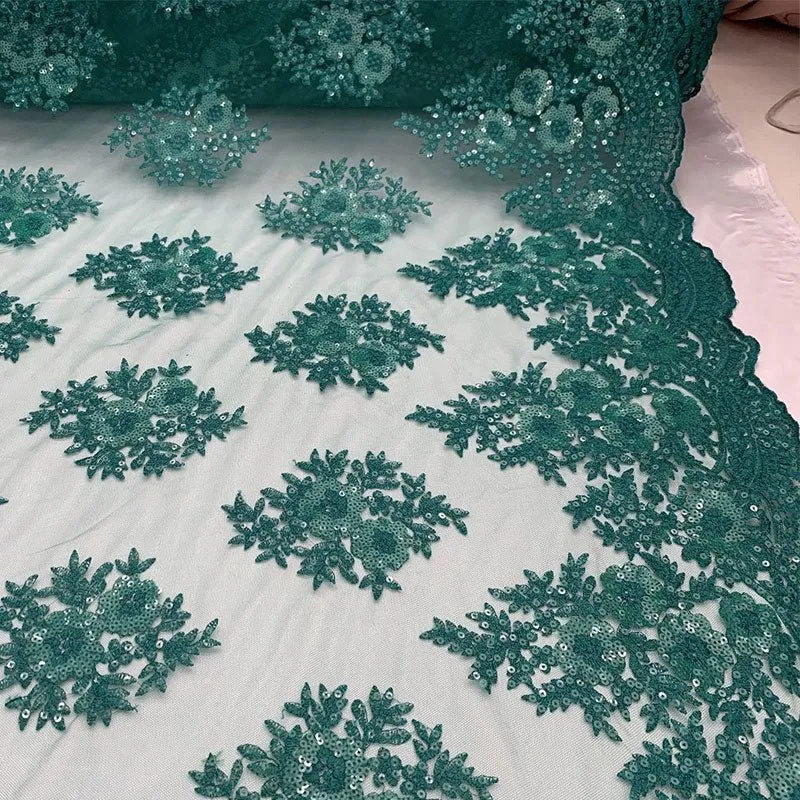 Embroidered Corded Metallic Flowers On Mesh Lace Fabric With Sequins