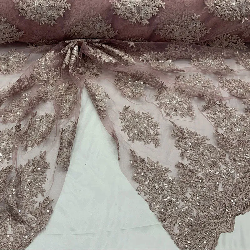 Embroidered Corded Metallic Flowers On Mesh Lace Fabric With Sequins