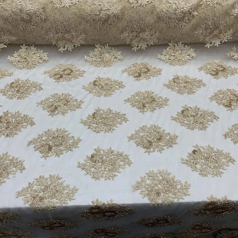 Embroidered Corded Metallic Flowers On Mesh Lace Fabric With Sequins