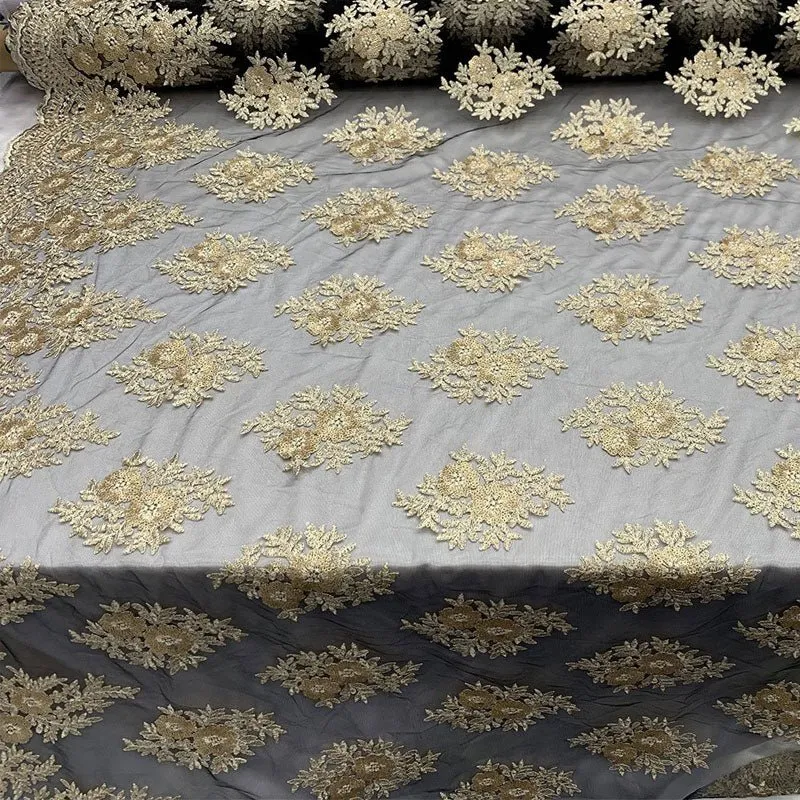 Embroidered Corded Metallic Flowers On Mesh Lace Fabric With Sequins