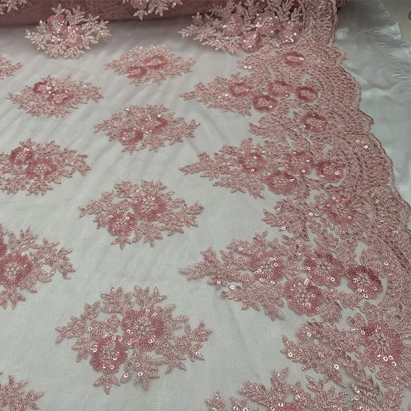 Embroidered Corded Metallic Flowers On Mesh Lace Fabric With Sequins