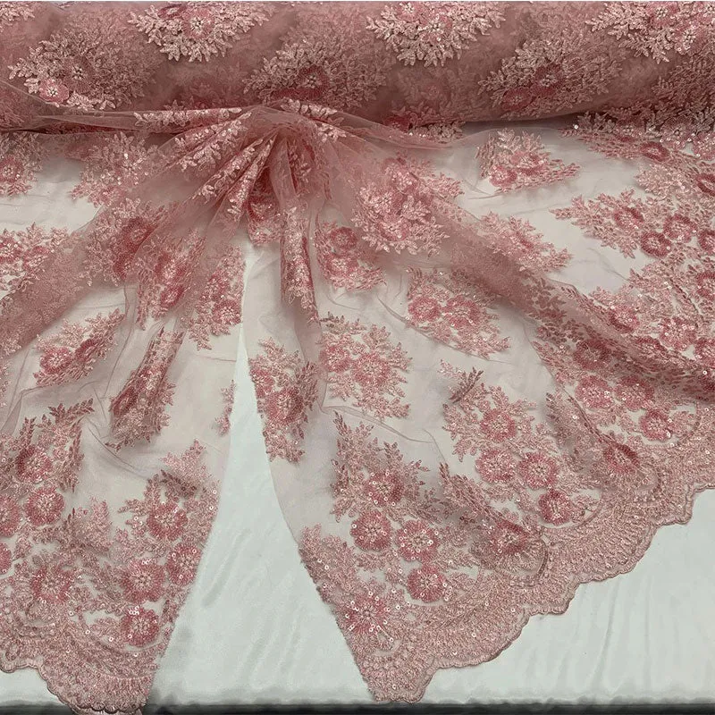 Embroidered Corded Metallic Flowers On Mesh Lace Fabric With Sequins