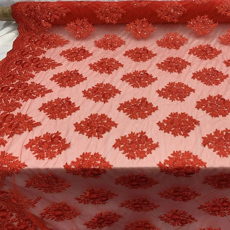 Embroidered Corded Metallic Flowers On Mesh Lace Fabric With Sequins