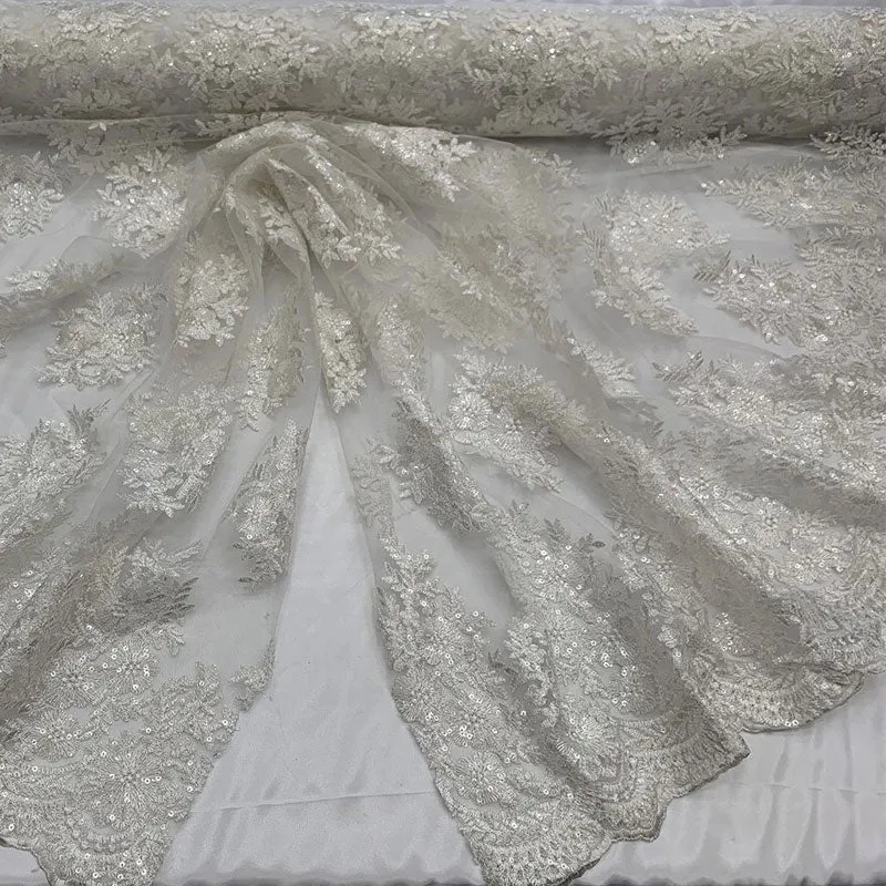 Embroidered Corded Metallic Flowers On Mesh Lace Fabric With Sequins