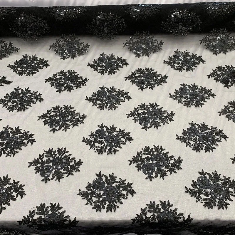 Embroidered Corded Metallic Flowers On Mesh Lace Fabric With Sequins