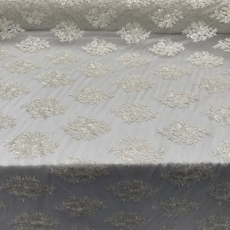 Embroidered Corded Metallic Flowers On Mesh Lace Fabric With Sequins