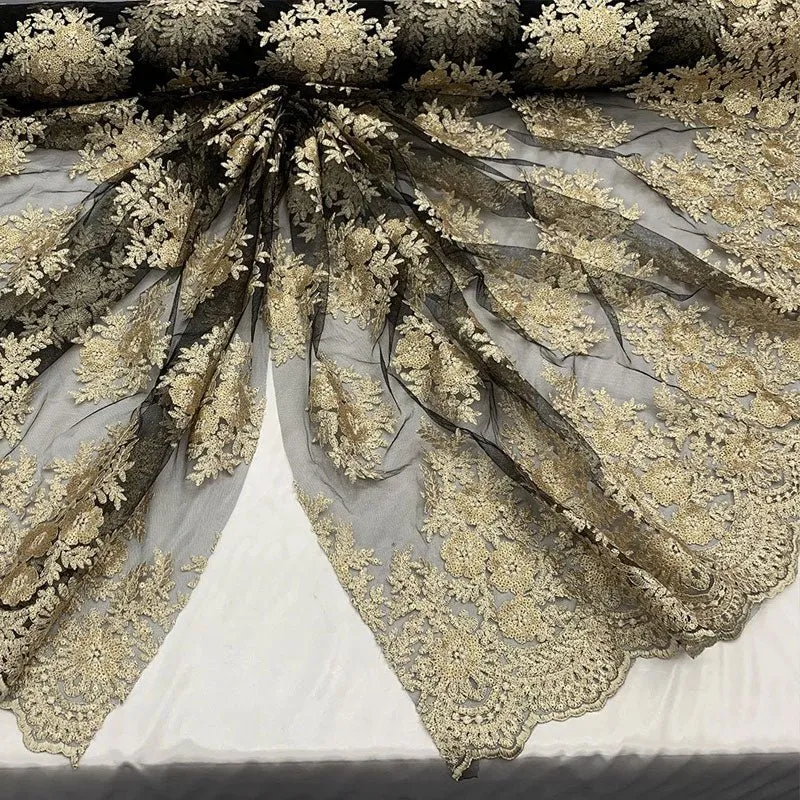Embroidered Corded Metallic Flowers On Mesh Lace Fabric With Sequins