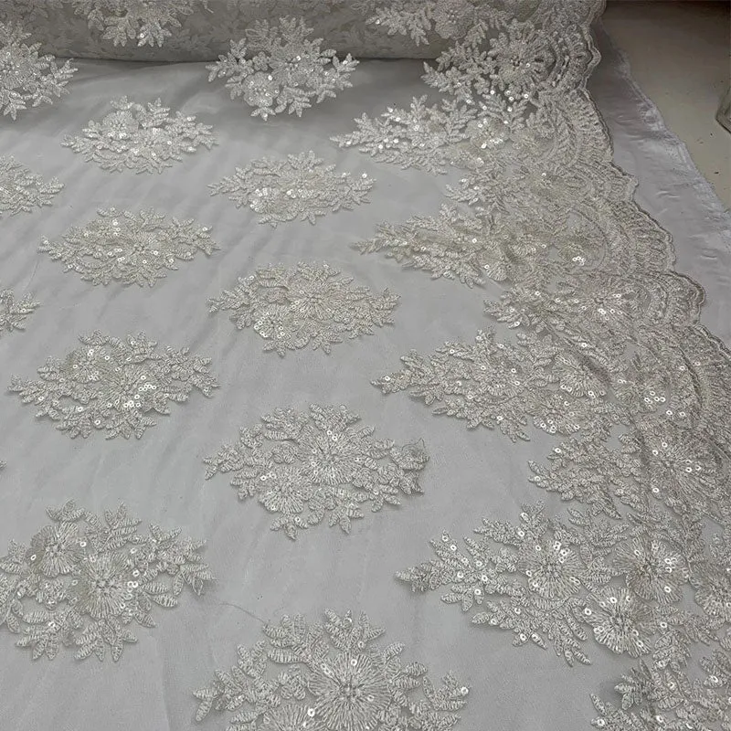 Embroidered Corded Metallic Flowers On Mesh Lace Fabric With Sequins