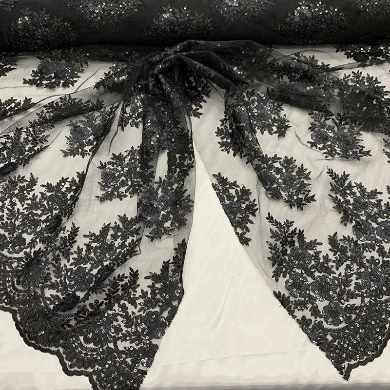 Embroidered Corded Metallic Flowers On Mesh Lace Fabric With Sequins
