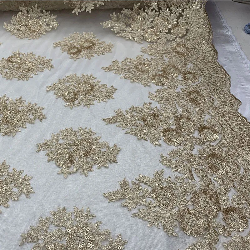 Embroidered Corded Metallic Flowers On Mesh Lace Fabric With Sequins